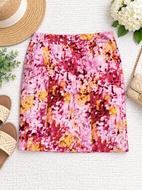 LOFT Pink Abstract Floral Pencil Skirt Size 6 Colorful Career Workwear